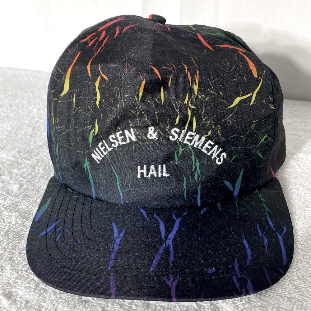 Vintage Nielsen & Siemens Black Snap Back Trucker Hat W Colorful Pattern